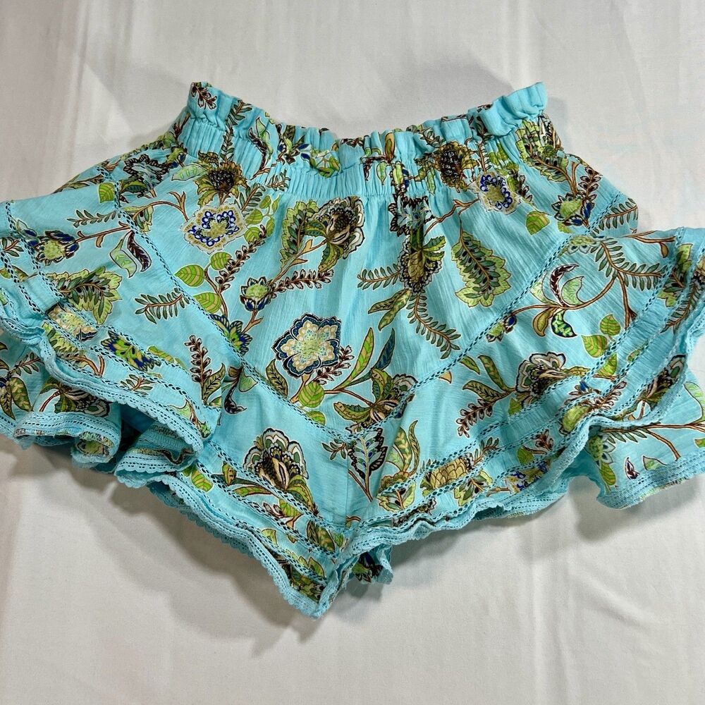 Aerie Rock Ruffle Floral Skort XS Teal Paisley Tiered Boho Skirt Shorts Coquette